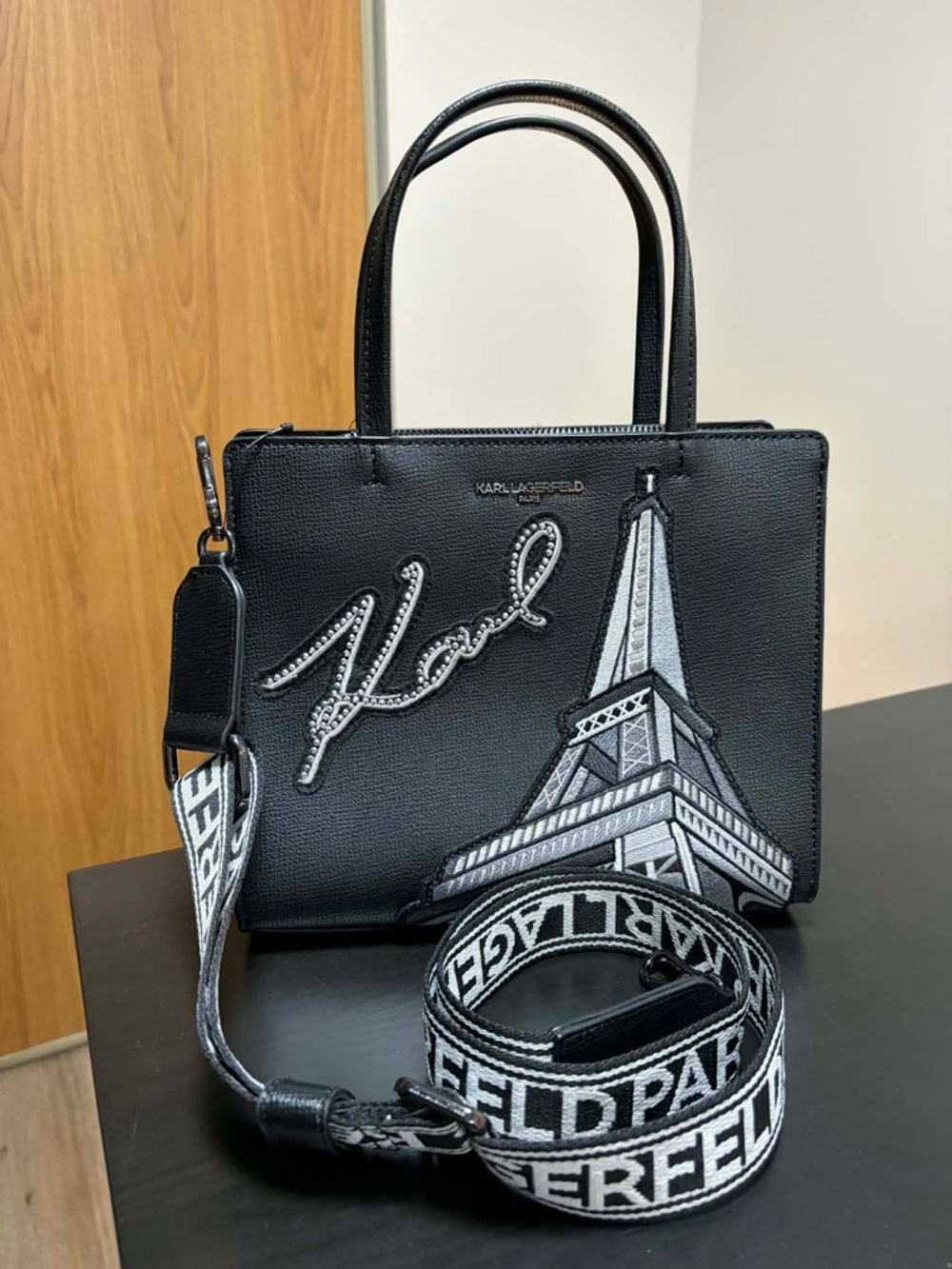 Karl Lagerfeld Black Satchel with Embroidered Eiffel Tower and Logo Strap